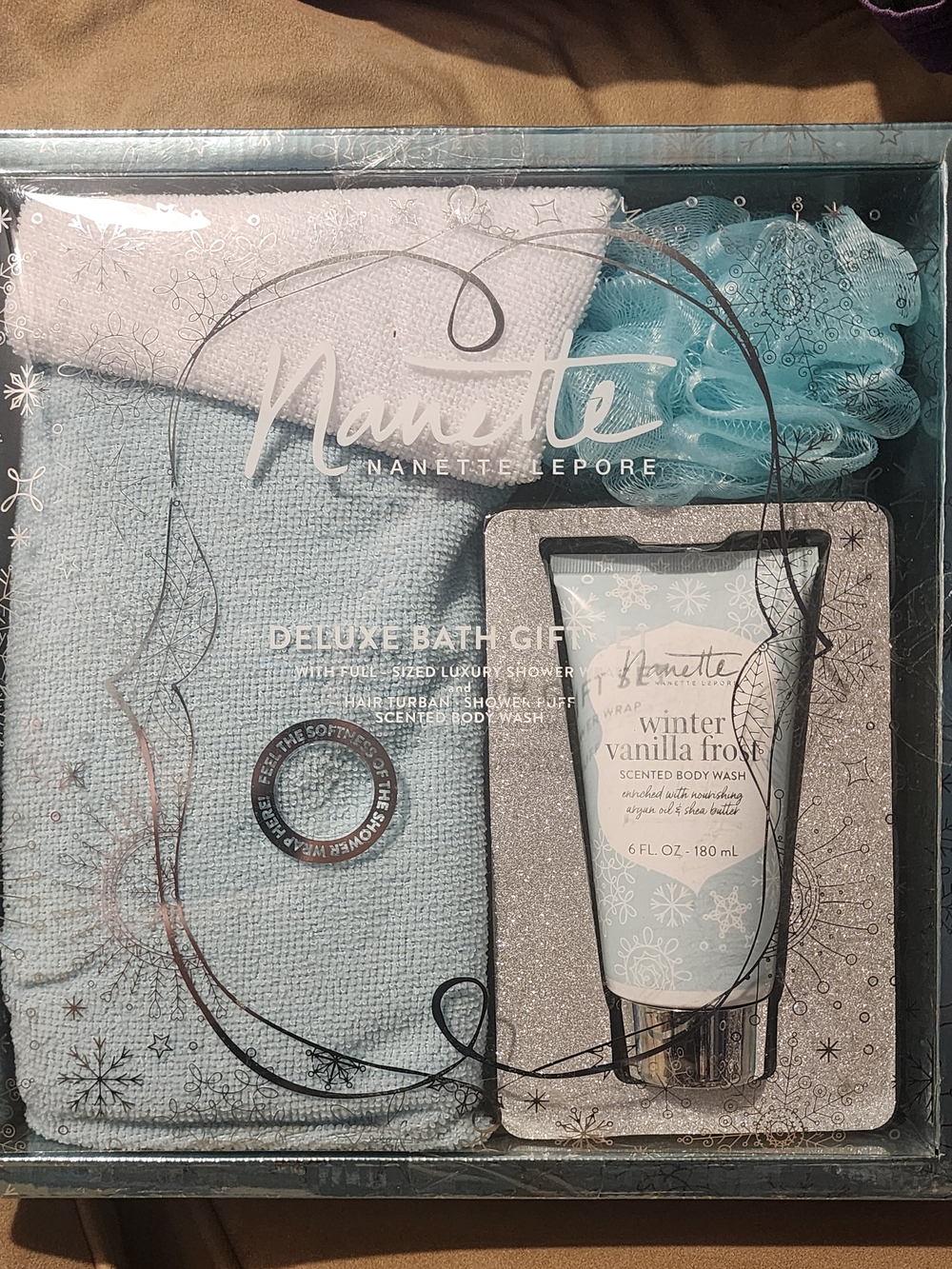 Nanette Lepore Deluxe Bath Gift Set  Shower Wrap, Hair Wrap, Body Wash, Puff
